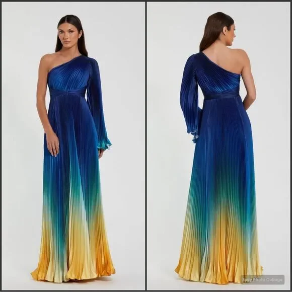 MAC DUGGAL 49903 Blue Ombre Pleated Charmeuse One-Shoulder Gown Dress 6 FLAWS - Picture 1 of 16
